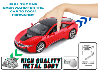 BMW I8 1:32 Scale Alloy Metal Pullback Toy car with Openable Doors Light Music