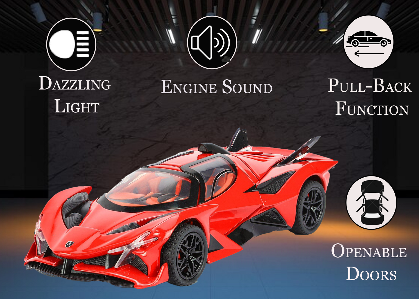 Apollo Limited Edition 1:32 Scale Metal Pull Back Toy car with Openable Doors, Light & Engine Sound