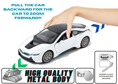 BMW I8 1:32 Scale Alloy Metal Pullback Toy car with Openable Doors Light Music