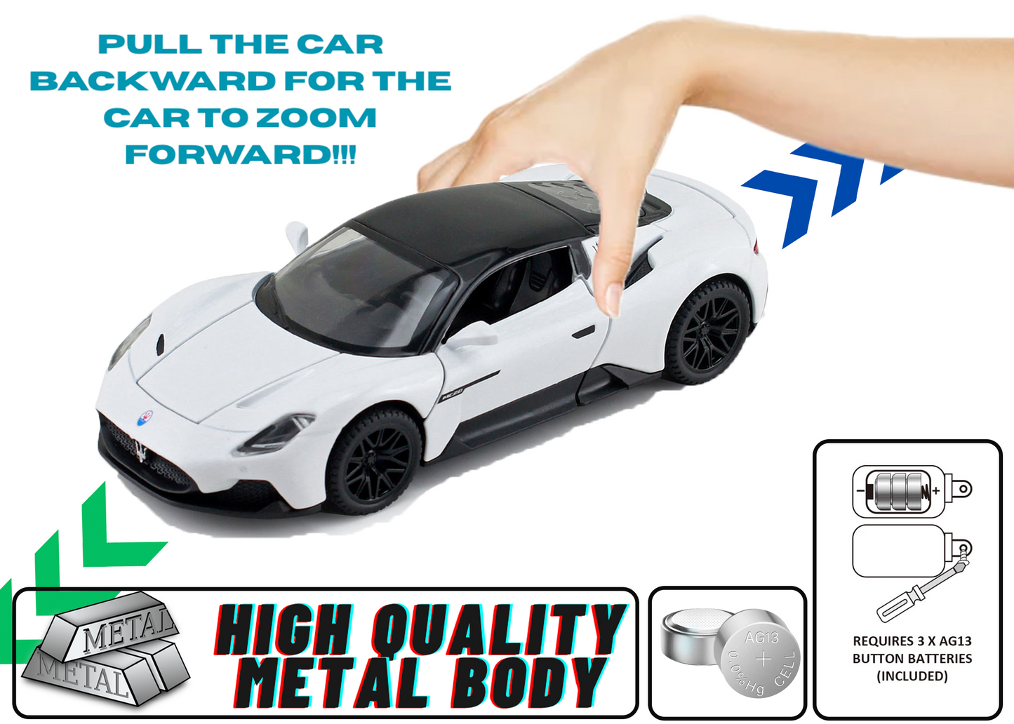 Mesarati MC20 1:32 Scale Alloy Metal Pull Back Toy car with Openable Doors Light Music