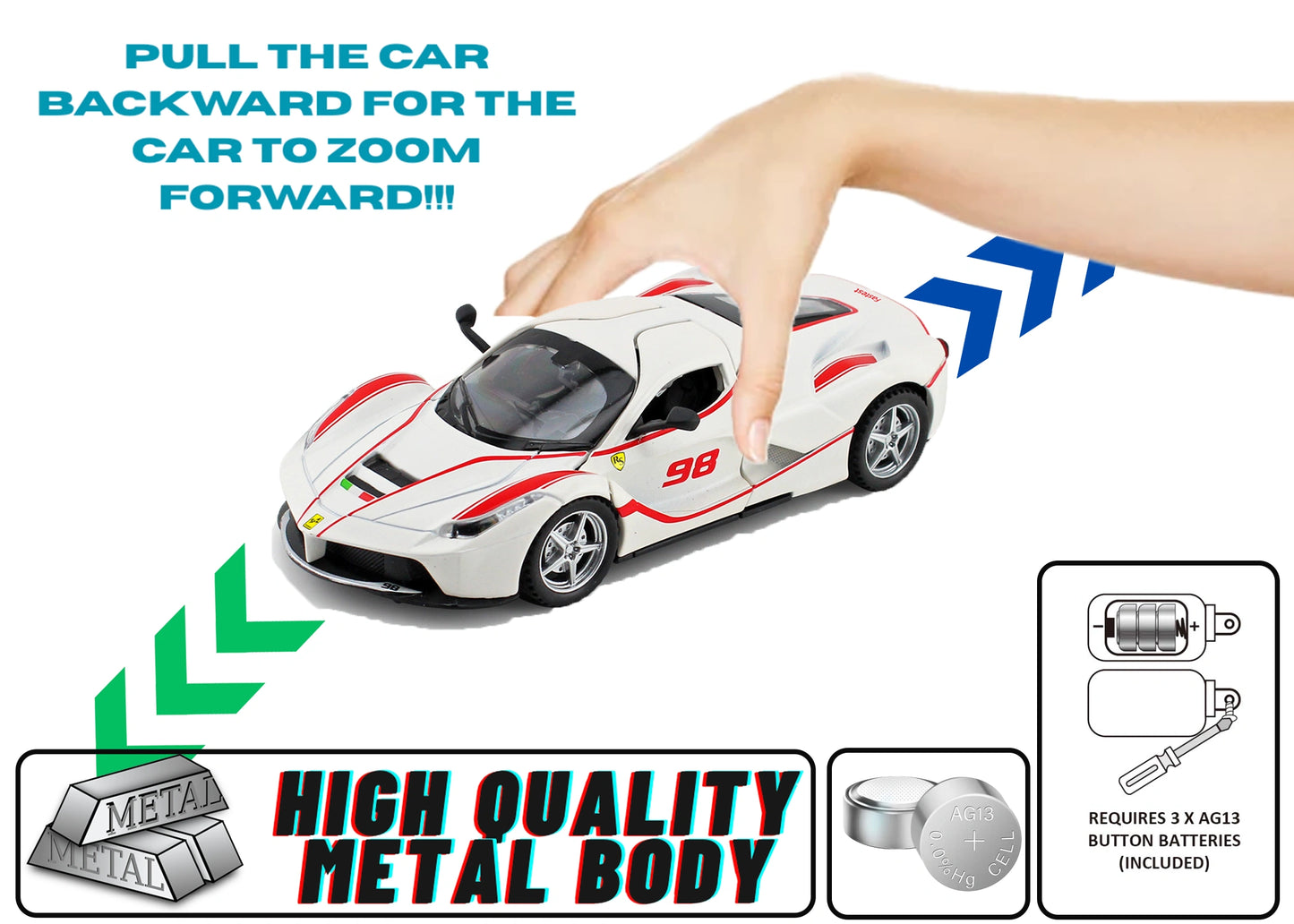 Ferari FXXXK 1:32 Scale Diecast Pull Back Toy Car with Openable Doors, Lights & Engine Sound