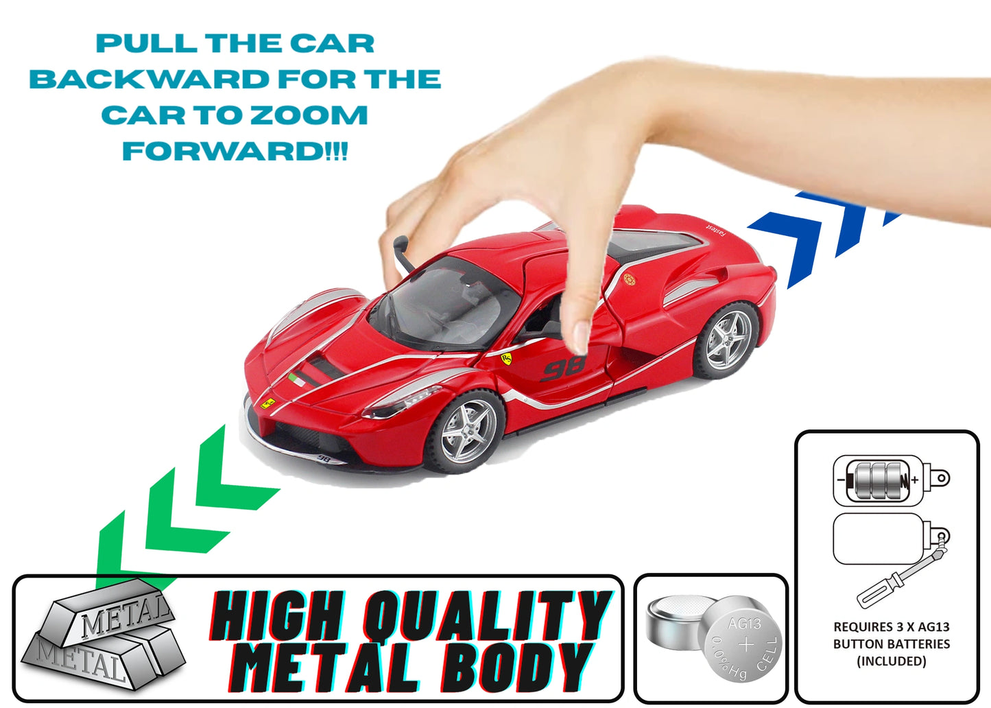 Ferari FXXXK 1:32 Scale Diecast Pull Back Toy Car with Openable Doors, Lights & Engine Sound