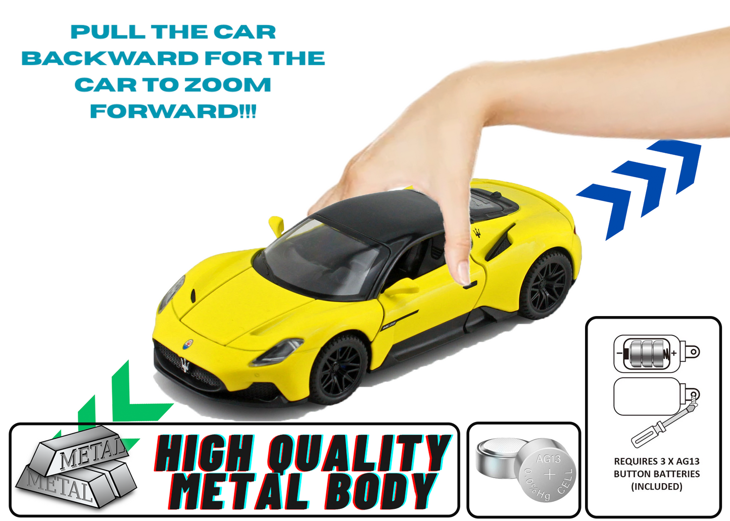 Mesarati MC20 1:32 Scale Alloy Metal Pull Back Toy car with Openable Doors Light Music