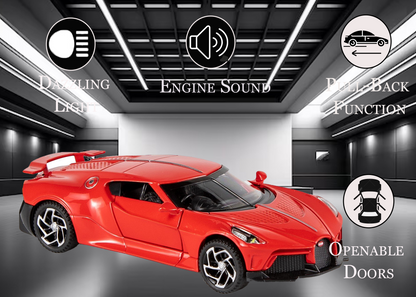 Bugatti Limited Edition 1:32 Scale Metal Pull Back Toy car with Openable Doors, Light & Engine Sound
