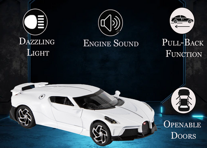 Bugatti Limited Edition 1:32 Scale Metal Pull Back Toy car with Openable Doors, Light & Engine Sound