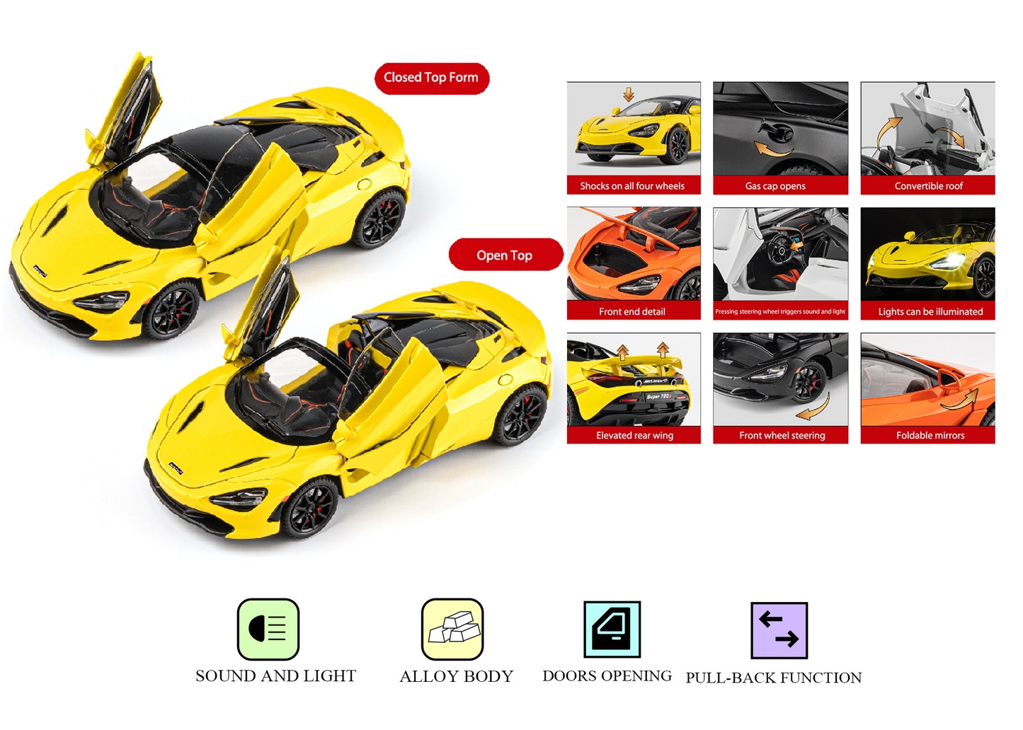 McLaren 720s Convertible Version 1:24 Scale Alloy Metal Pullback Toy car with Openable Doors Light Music