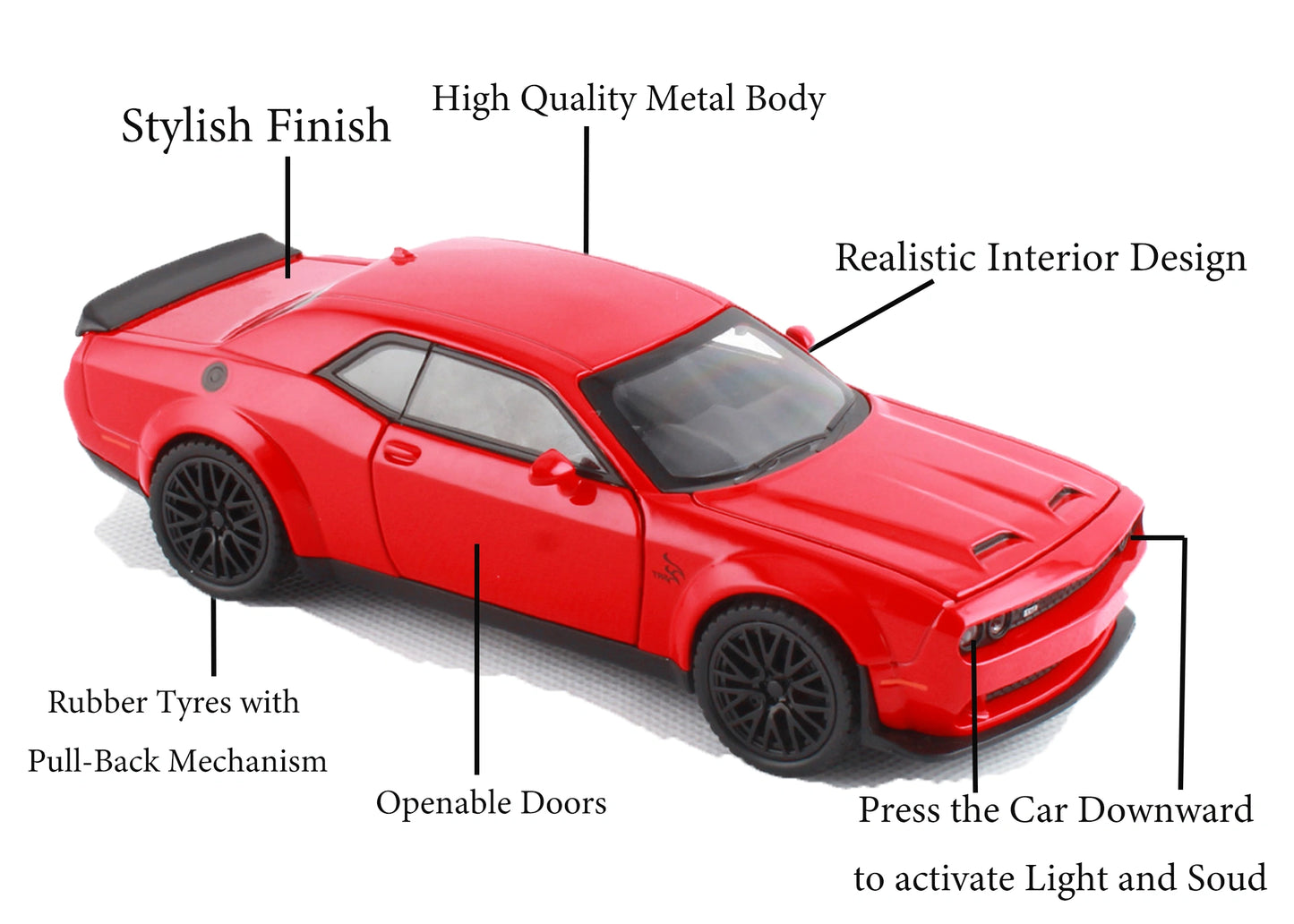 Dodgee Challengerr HellKat 1:32 Scale Diecast Pull Back Toy Car with Openable Doors, Lights & Engine Sound