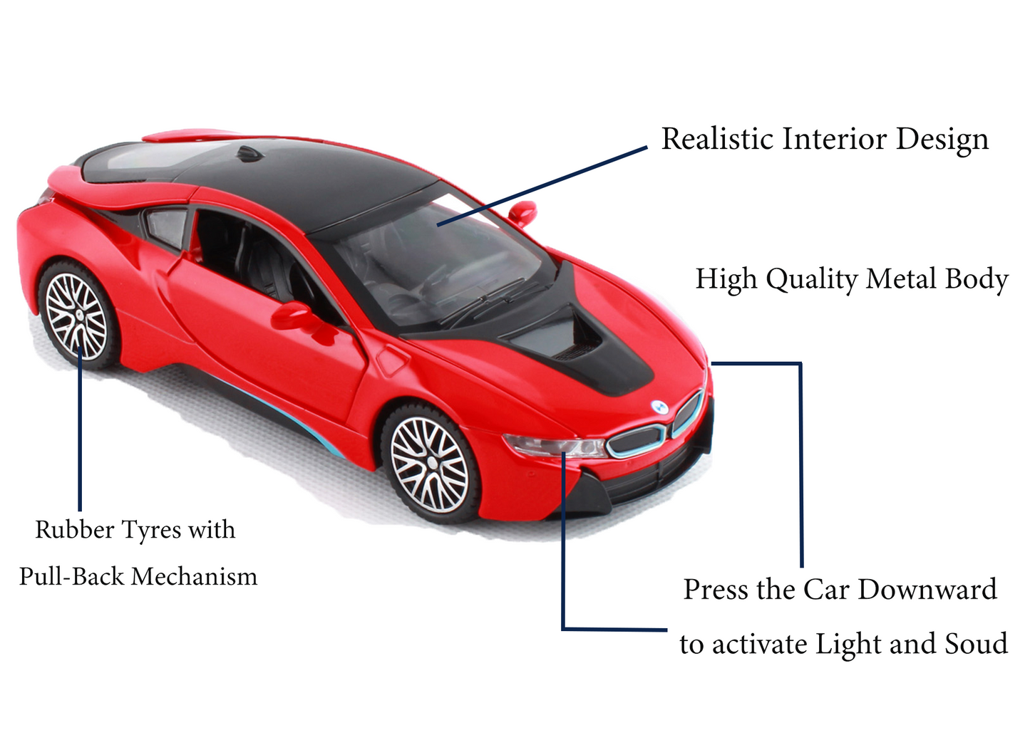BMW I8 1:32 Scale Alloy Metal Pullback Toy car with Openable Doors Light Music