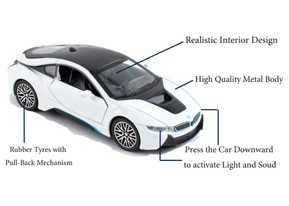 BMW I8 1:32 Scale Alloy Metal Pullback Toy car with Openable Doors Light Music