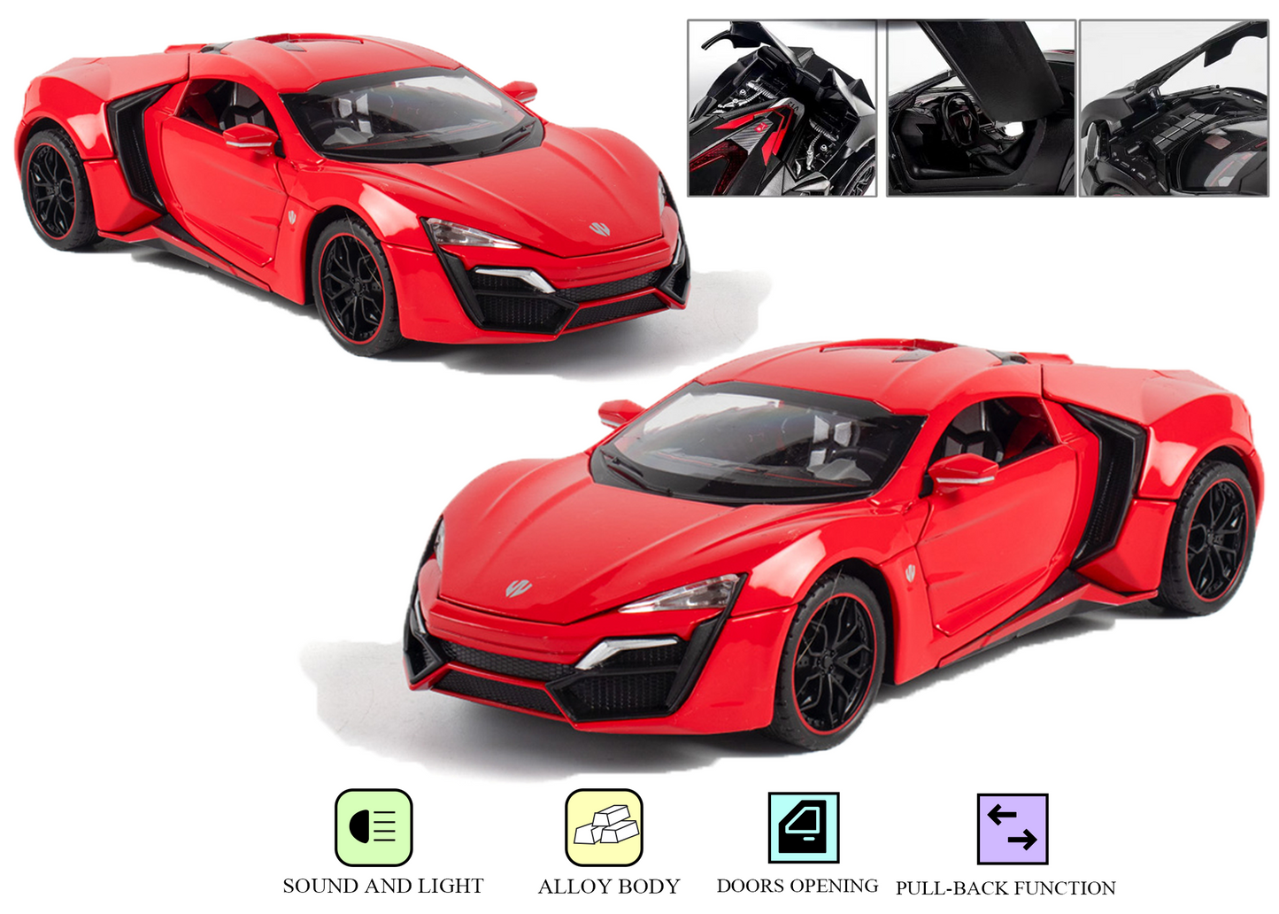 Lykann Hypersportt 1:24 Scale Diecast Toy Car – Metal Pull-Back Supercar with Lights, Music & Opening Doors
