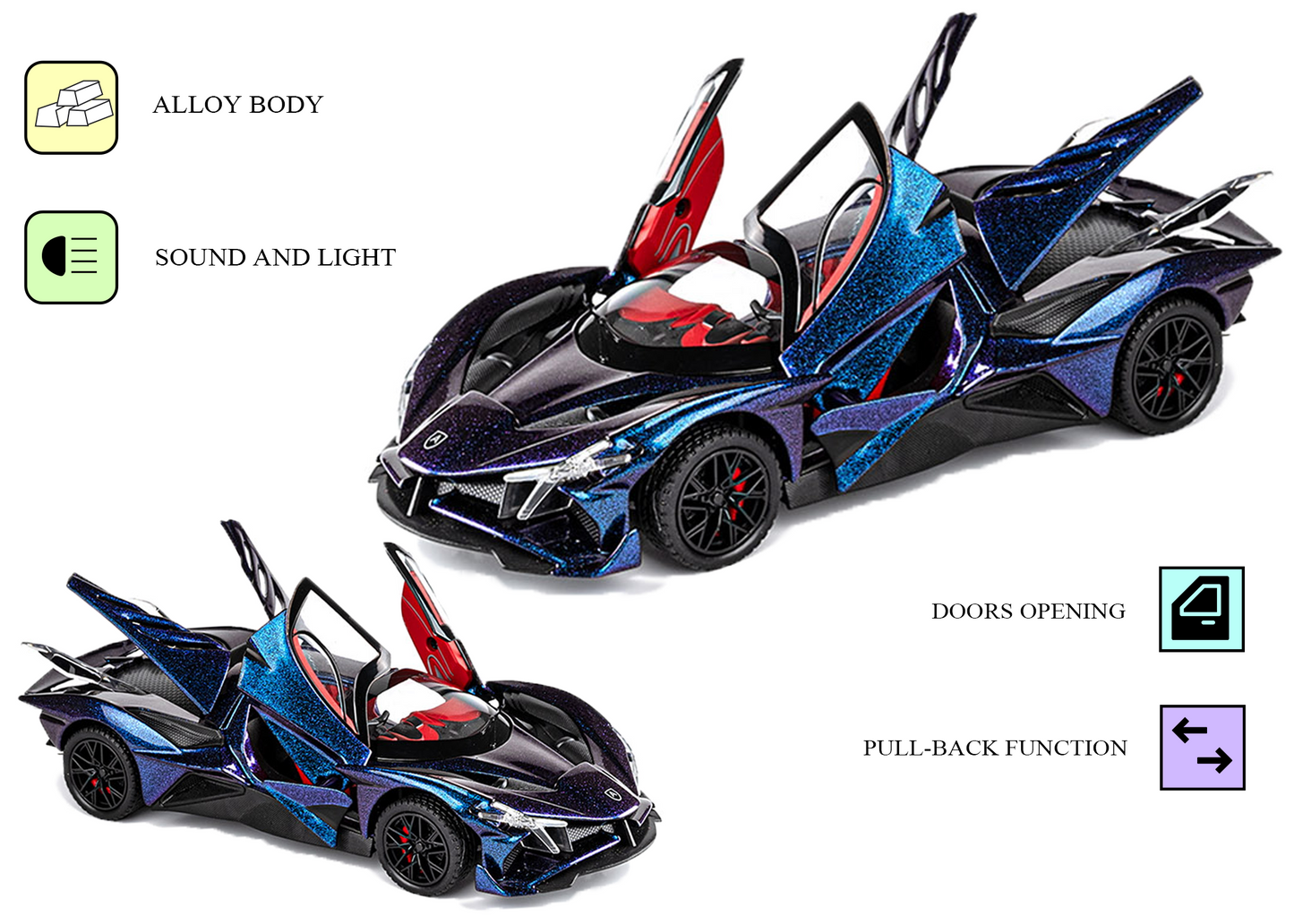 Apolloo EVO Metal Diecast Toy Car – 1:24 Scale Pull Back Model with Lights, Sound & Openable Doors