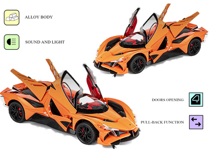 Apolloo EVO Metal Diecast Toy Car – 1:24 Scale Pull Back Model with Lights, Sound & Openable Doors
