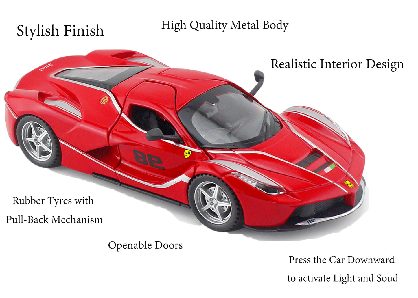 Ferari FXXXK 1:32 Scale Diecast Pull Back Toy Car with Openable Doors, Lights & Engine Sound
