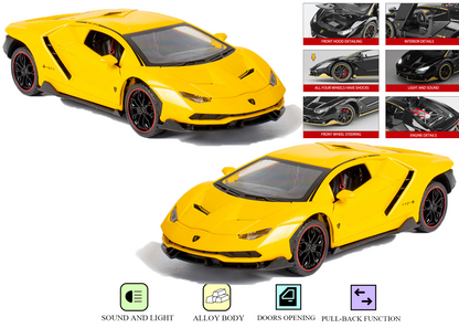 Lambo 1:24 Scale Die-cast Pull Back Toy Car with Lights, Music & Openable Doors