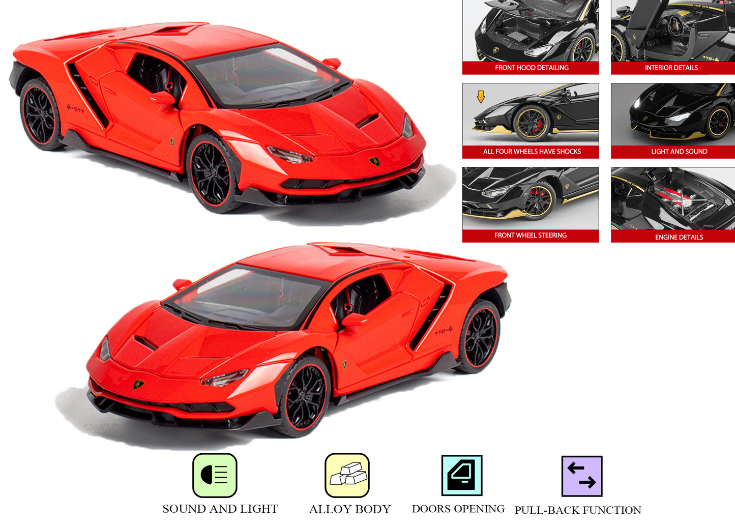 Lambo 1:24 Scale Die-cast Pull Back Toy Car with Lights, Music & Openable Doors