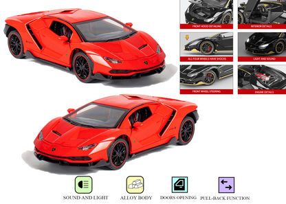 Lambo 1:24 Scale Die-cast Pull Back Toy Car with Lights, Music & Openable Doors