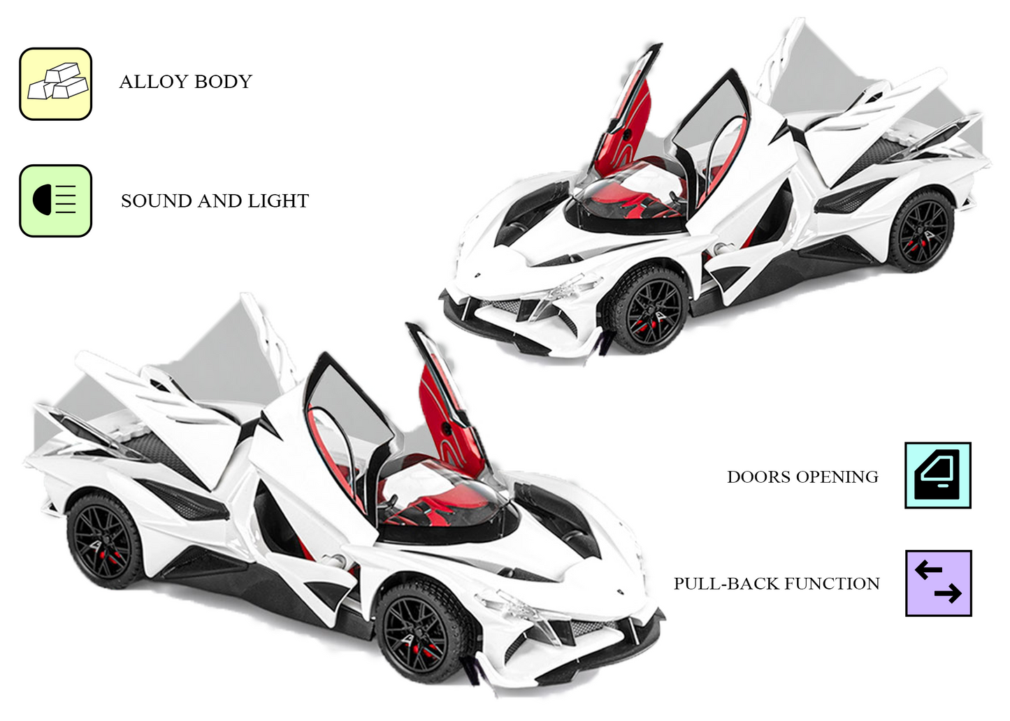 Apolloo EVO Metal Diecast Toy Car – 1:24 Scale Pull Back Model with Lights, Sound & Openable Doors