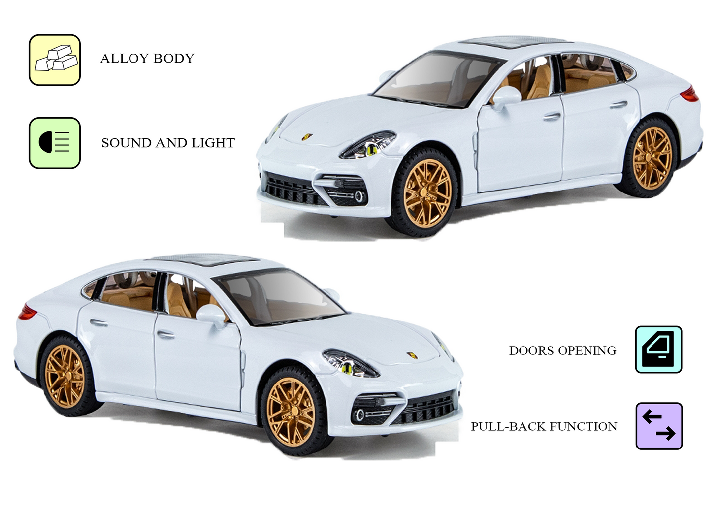 Porshe Panemera Metal Toy Car – 1:24 Die-Cast Pull-Back Model with Lights, Sound & Openable Doors