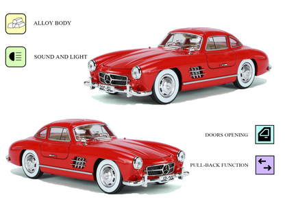 Mercediz-Benzz 300 SL Metal Toy Car – 1:24 Die-Cast Pull-Back Model with Lights, Sound & Openable Doors