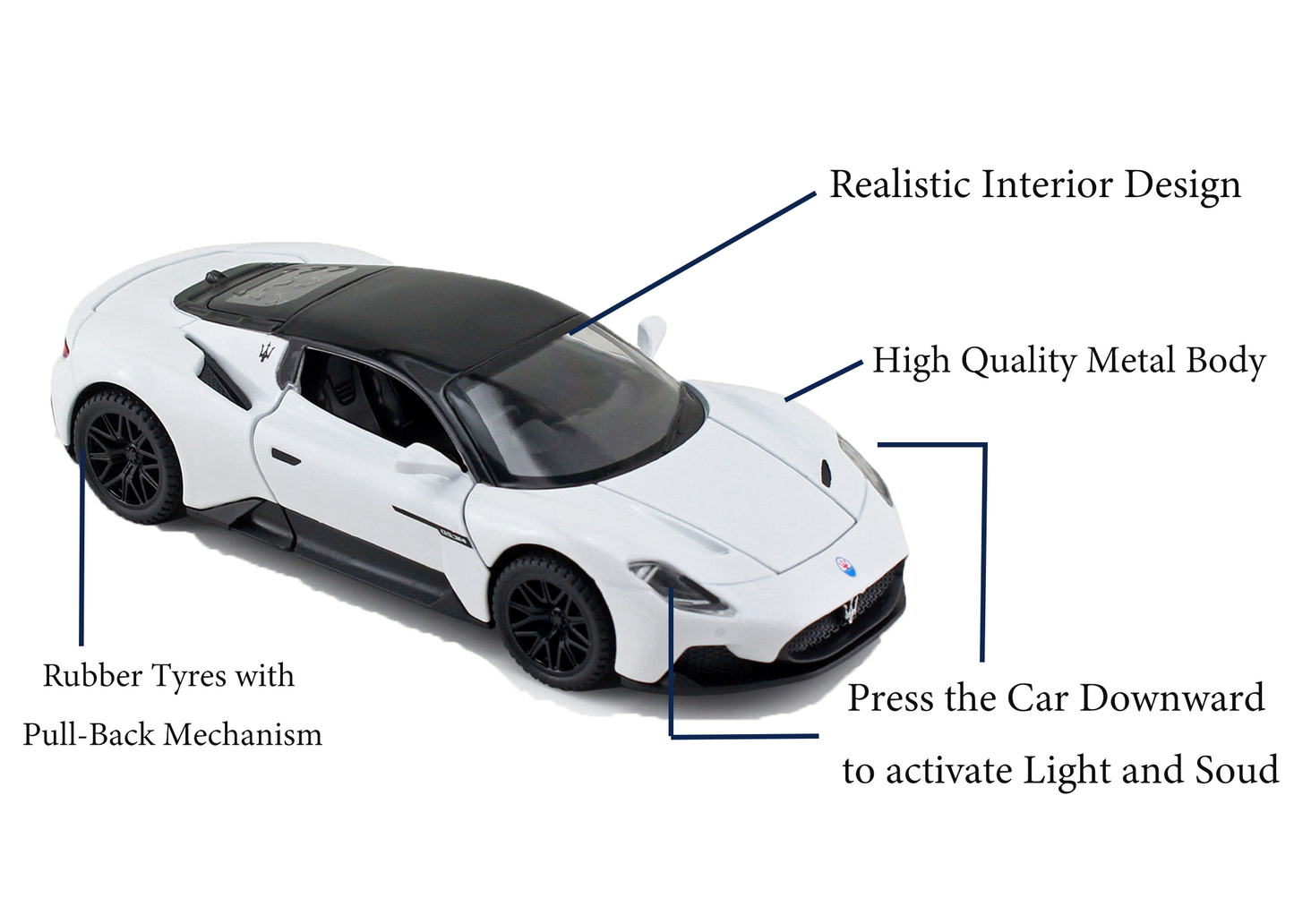 Mesarati MC20 1:32 Scale Alloy Metal Pull Back Toy car with Openable Doors Light Music