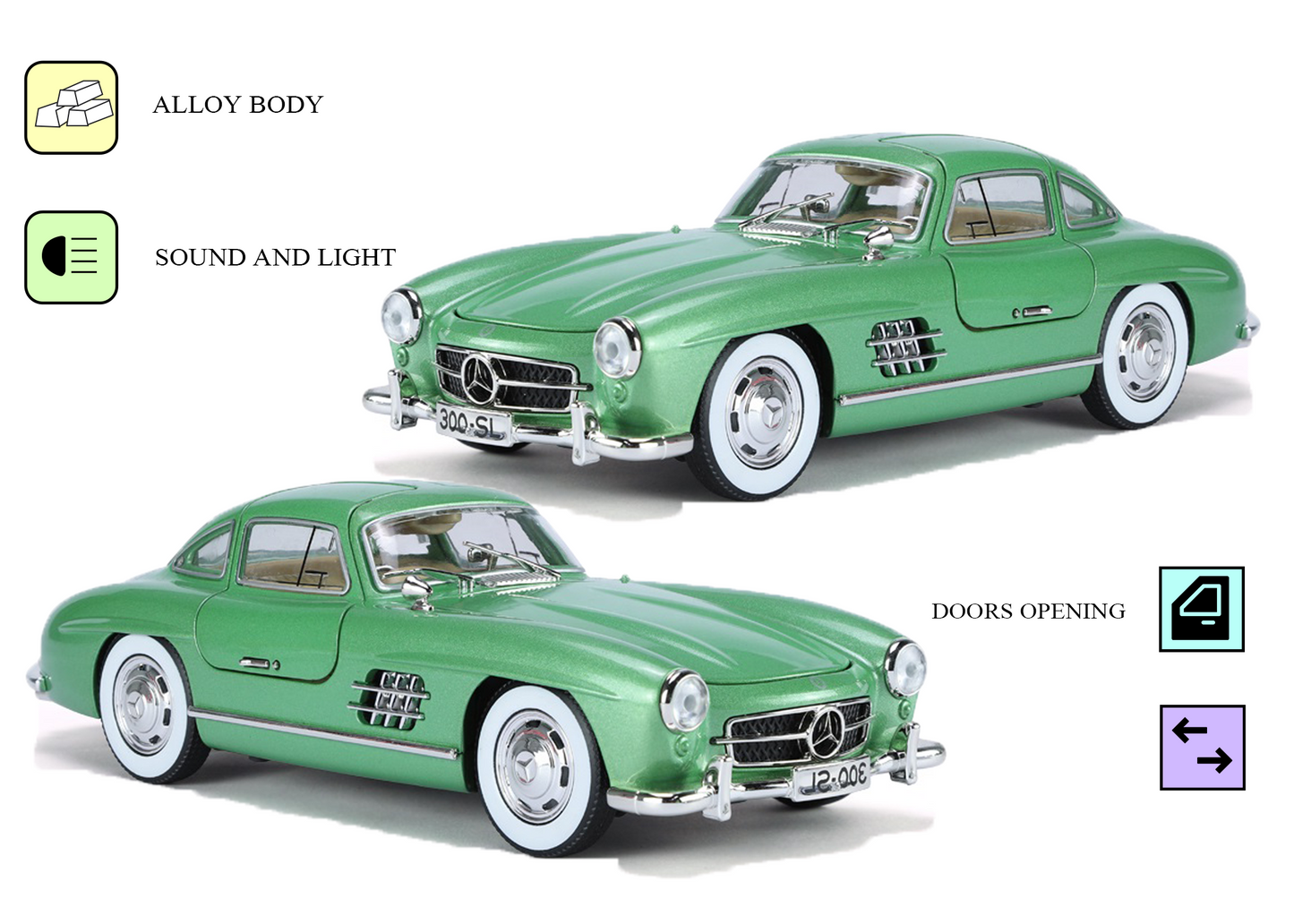 Mercediz-Benzz 300 SL Metal Toy Car – 1:24 Die-Cast Pull-Back Model with Lights, Sound & Openable Doors