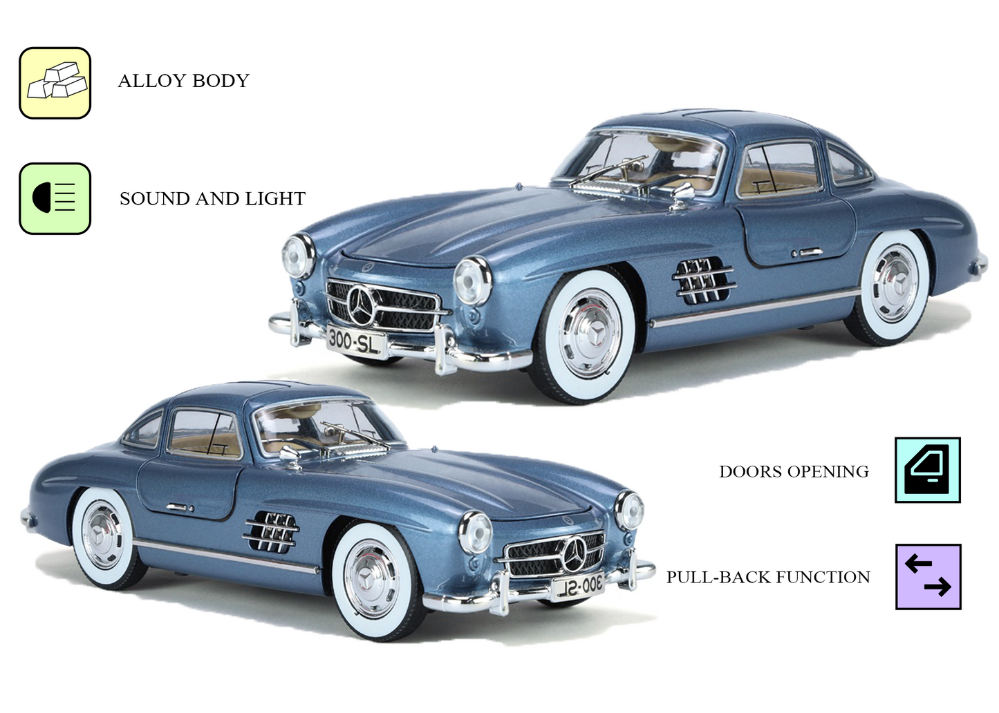 Mercediz-Benzz 300 SL Metal Toy Car – 1:24 Die-Cast Pull-Back Model with Lights, Sound & Openable Doors
