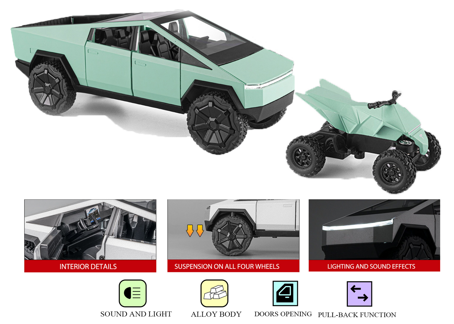 Teslaa Cyber Truck Pickup 1:24 Scale Diecast Car – Alloy Metal Toy with Pull-Back Action, Lights, Music & Openable Doors