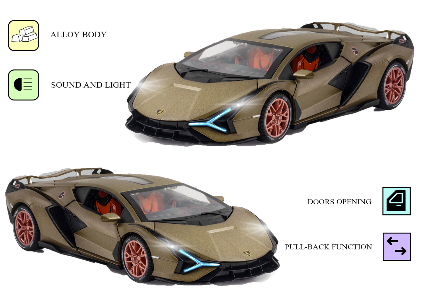 Lamborghini Lightning 1:24 Scale Alloy Metal Pull Back with Display Box, Openable Doors, Lisght, Sound & Water Spray