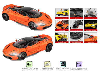 McLaren 720s Convertible Version 1:24 Scale Alloy Metal Pullback Toy car with Openable Doors Light Music