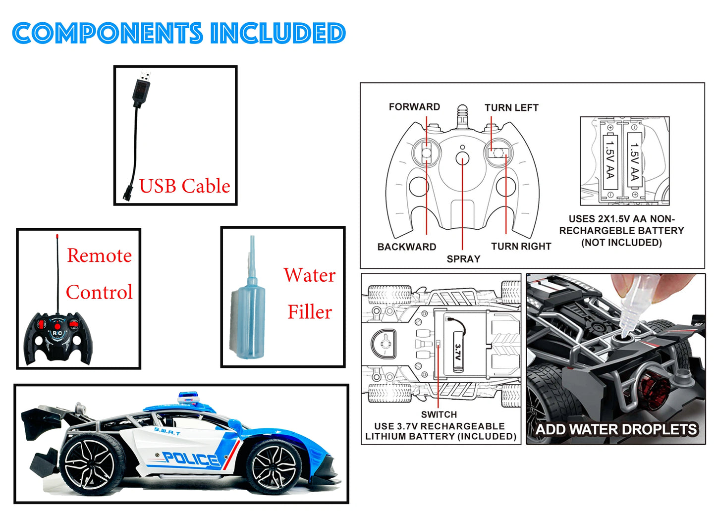 Remote Control Police Car Toy 1:16 Scale RC Car with Lights, Siren & Mist Spray