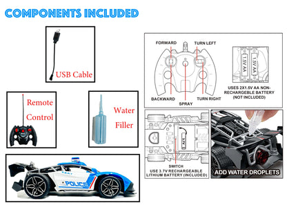 Remote Control Police Car Toy 1:16 Scale RC Car with Lights, Siren & Mist Spray