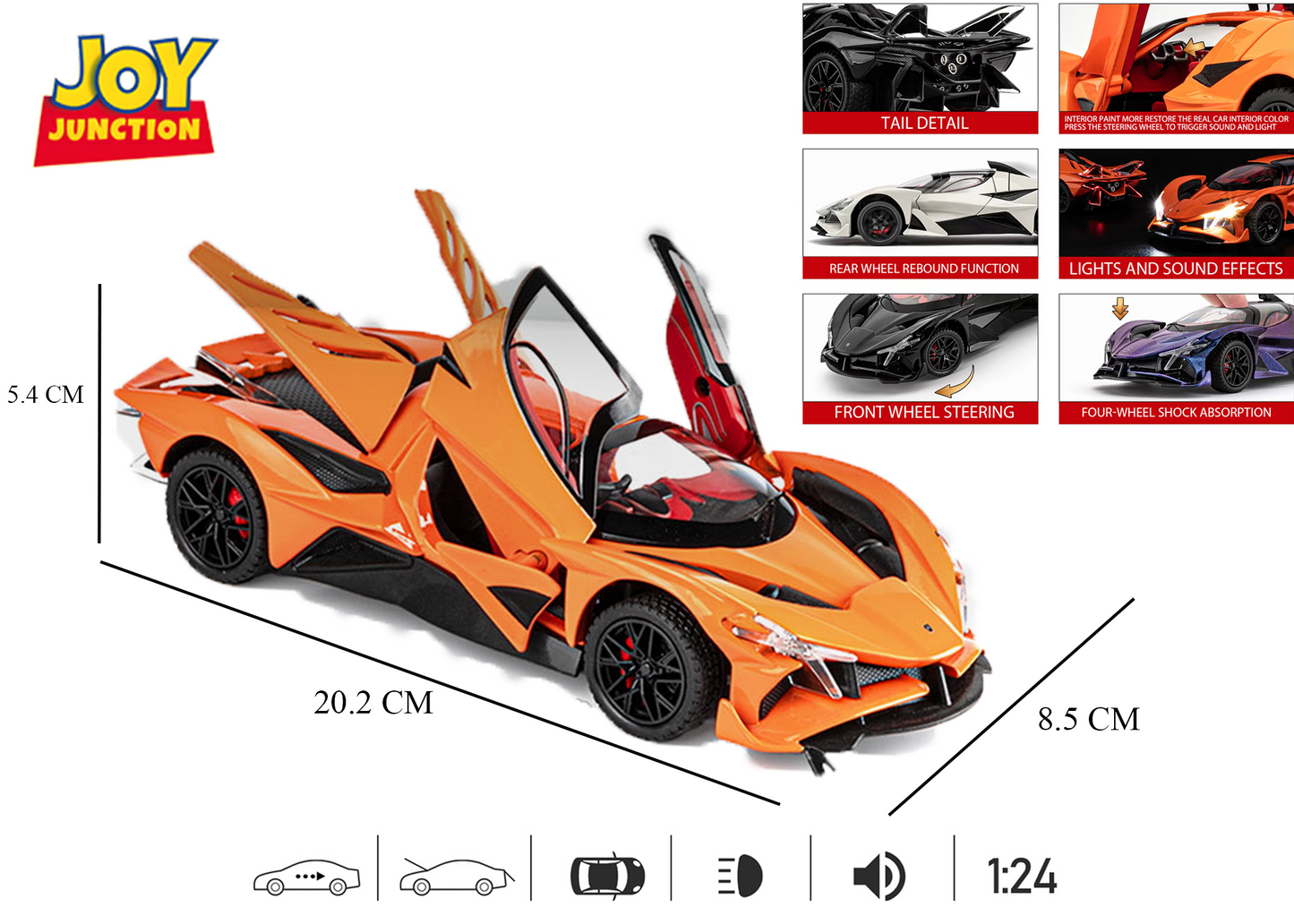 Apolloo EVO Metal Diecast Toy Car – 1:24 Scale Pull Back Model with Lights, Sound & Openable Doors