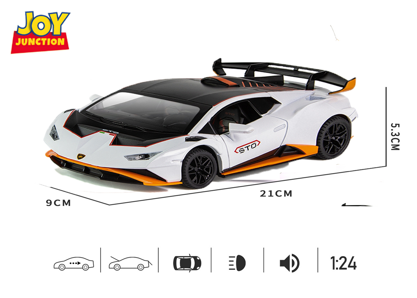 Lambo Hurracan STO Metal Toy Car – 1:24 Die-Cast Pull-Back Model with Openable Doors, Light and Sound