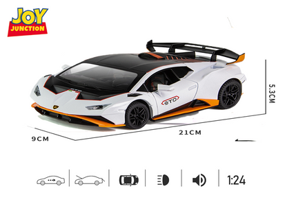 Lambo Hurracan STO Metal Toy Car – 1:24 Die-Cast Pull-Back Model with Openable Doors, Light and Sound