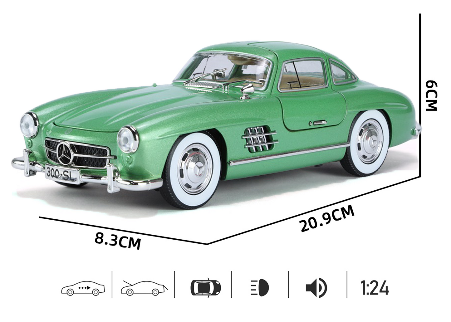 Mercediz-Benzz 300 SL Metal Toy Car – 1:24 Die-Cast Pull-Back Model with Lights, Sound & Openable Doors