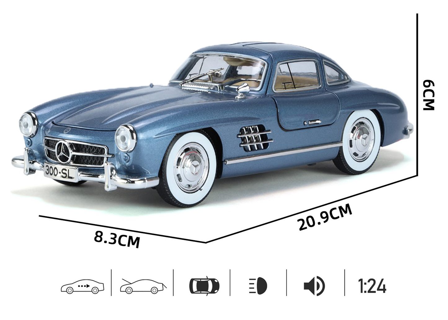 Mercediz-Benzz 300 SL Metal Toy Car – 1:24 Die-Cast Pull-Back Model with Lights, Sound & Openable Doors