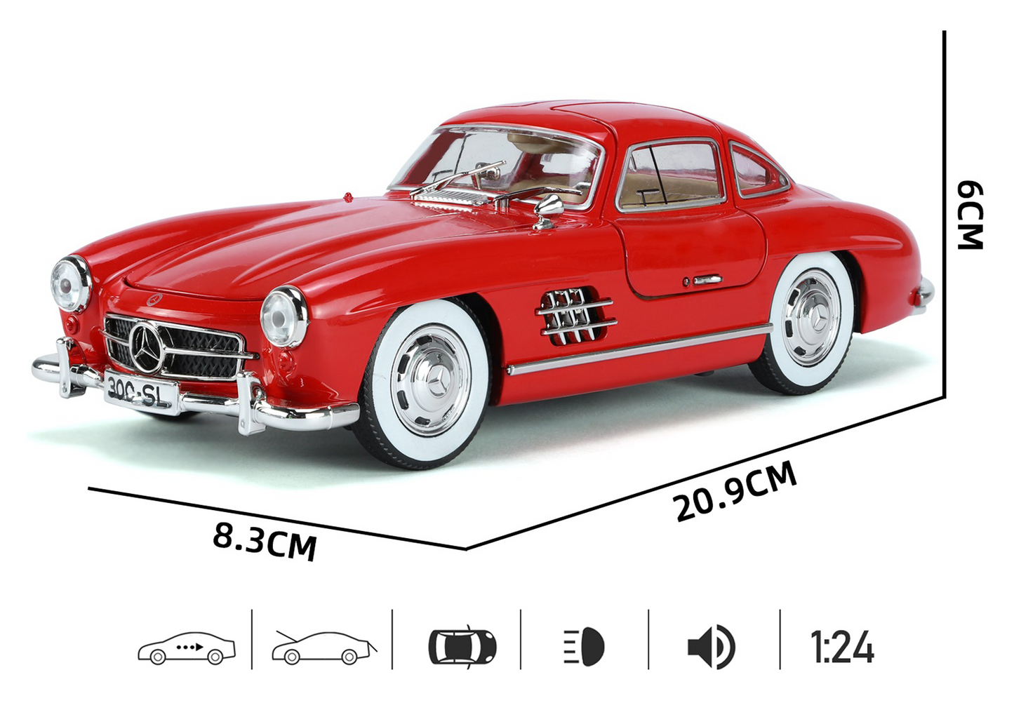 Mercediz-Benzz 300 SL Metal Toy Car – 1:24 Die-Cast Pull-Back Model with Lights, Sound & Openable Doors