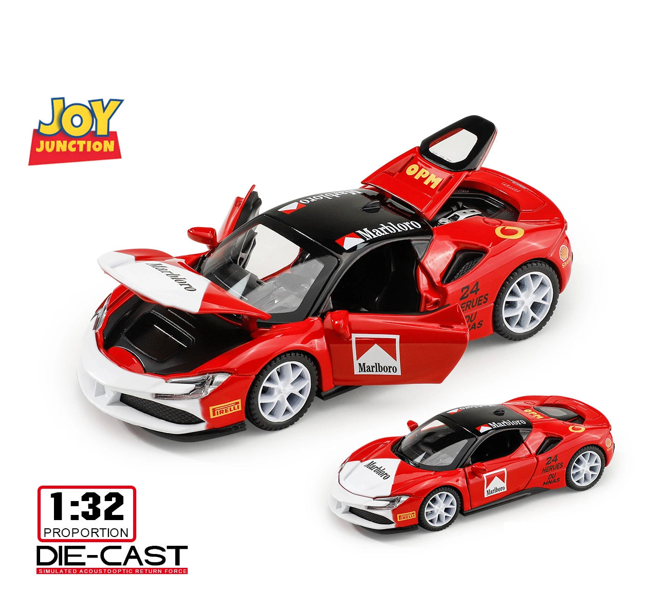 Ferari Marlboroo 1:32 Scale Diecast Pull Back Toy Car with Openable Doors, Lights & Engine Sound