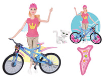 Toy figure with a bike and accessories on a white background