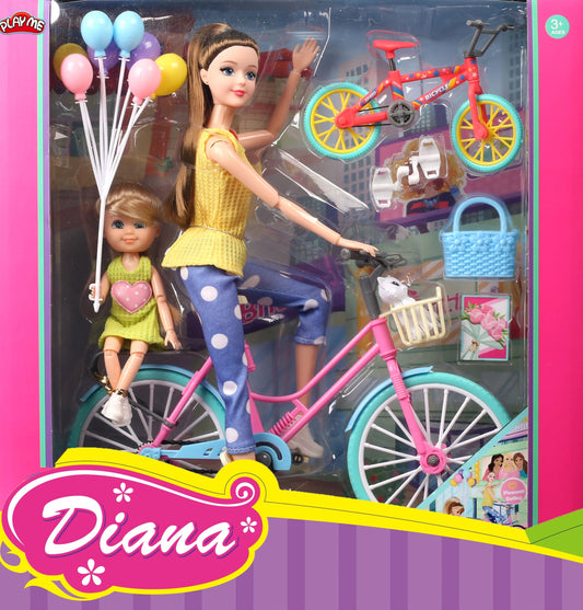 Toy set packaging with dolls and bicycle, featuring the brand 'Diana'.