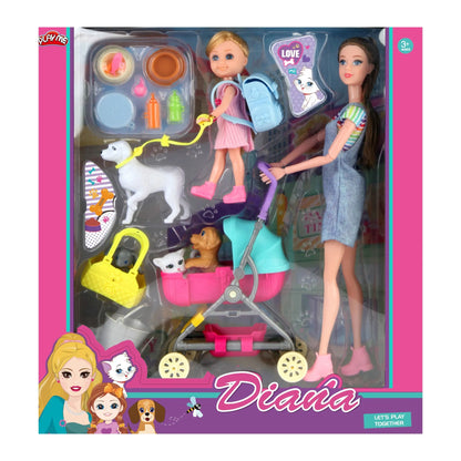 Toy set with dolls, accessories, and a dog in packaging labeled 'Diana'.