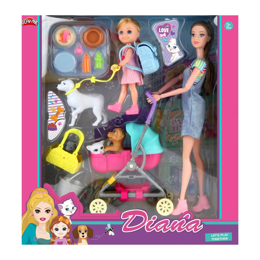 Toy set with dolls, accessories, and a dog in packaging labeled 'Diana'.