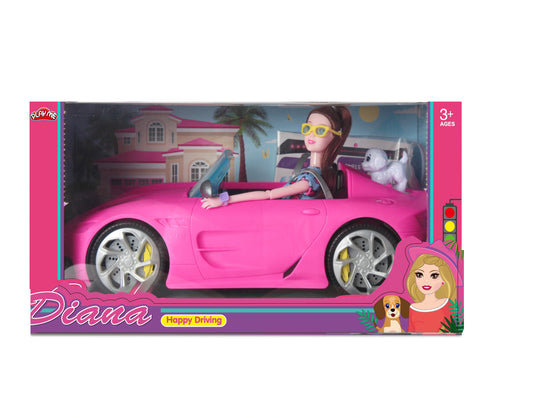 Toy car with a doll inside in its packaging, featuring the brand 'Diana'.