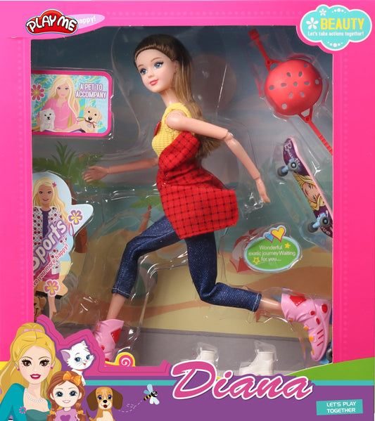 Diana doll in a pink packaging box with accessories