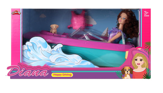 Toy boat with a doll and dog in a packaging box labeled 'Diana Happy Dolling'.
