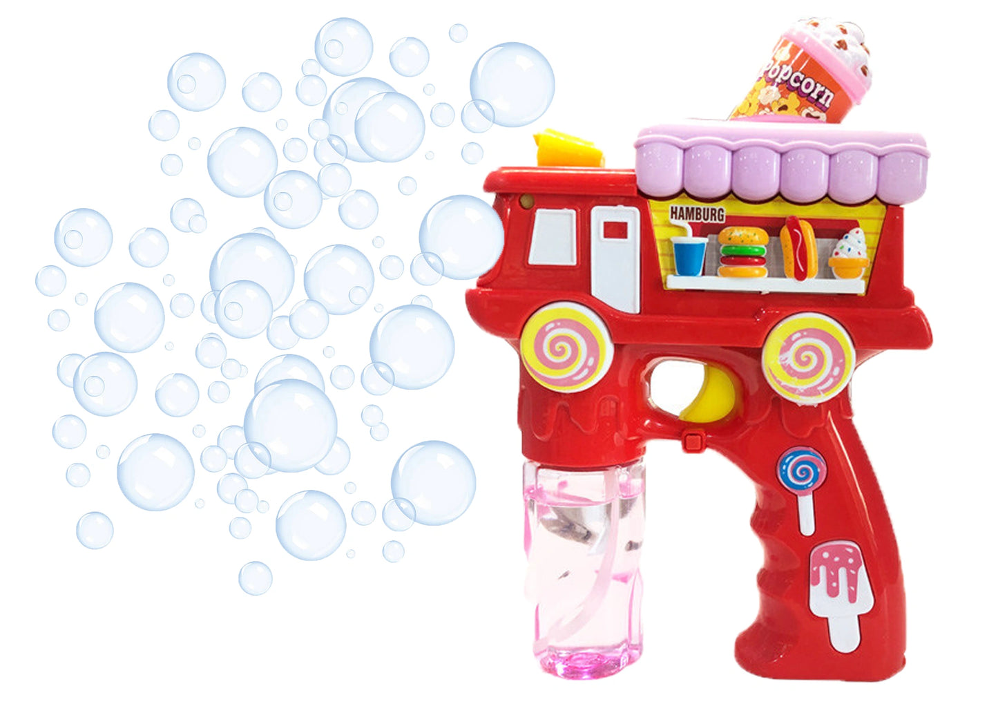Electric Popcorn Bubble Gun Toy for Kids with Lights, Music & 2 Bubble Liquid Bottles