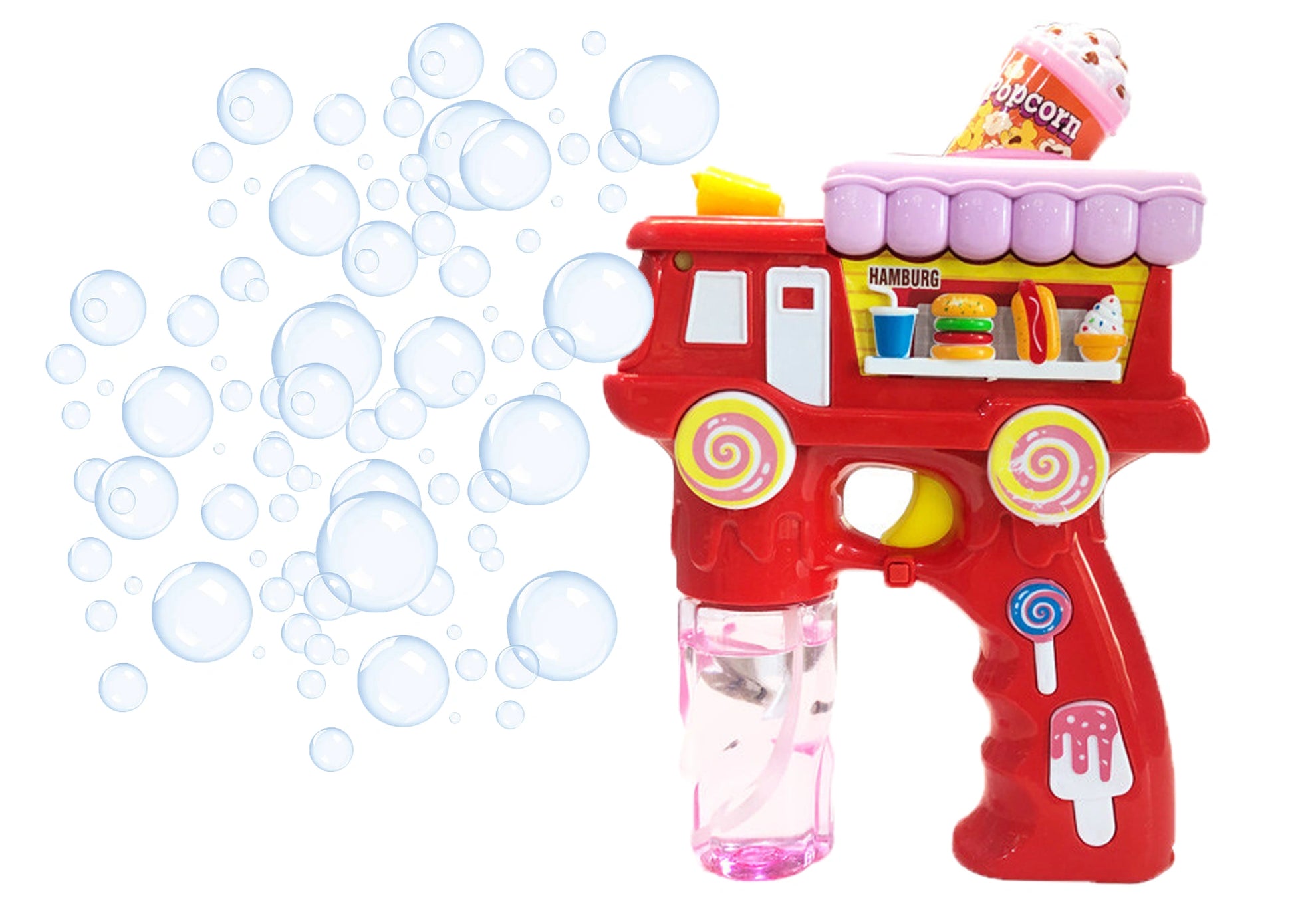 Electric Popcorn Bubble Gun Toy for Kids with Lights, Music & 2 Bubble Liquid Bottles