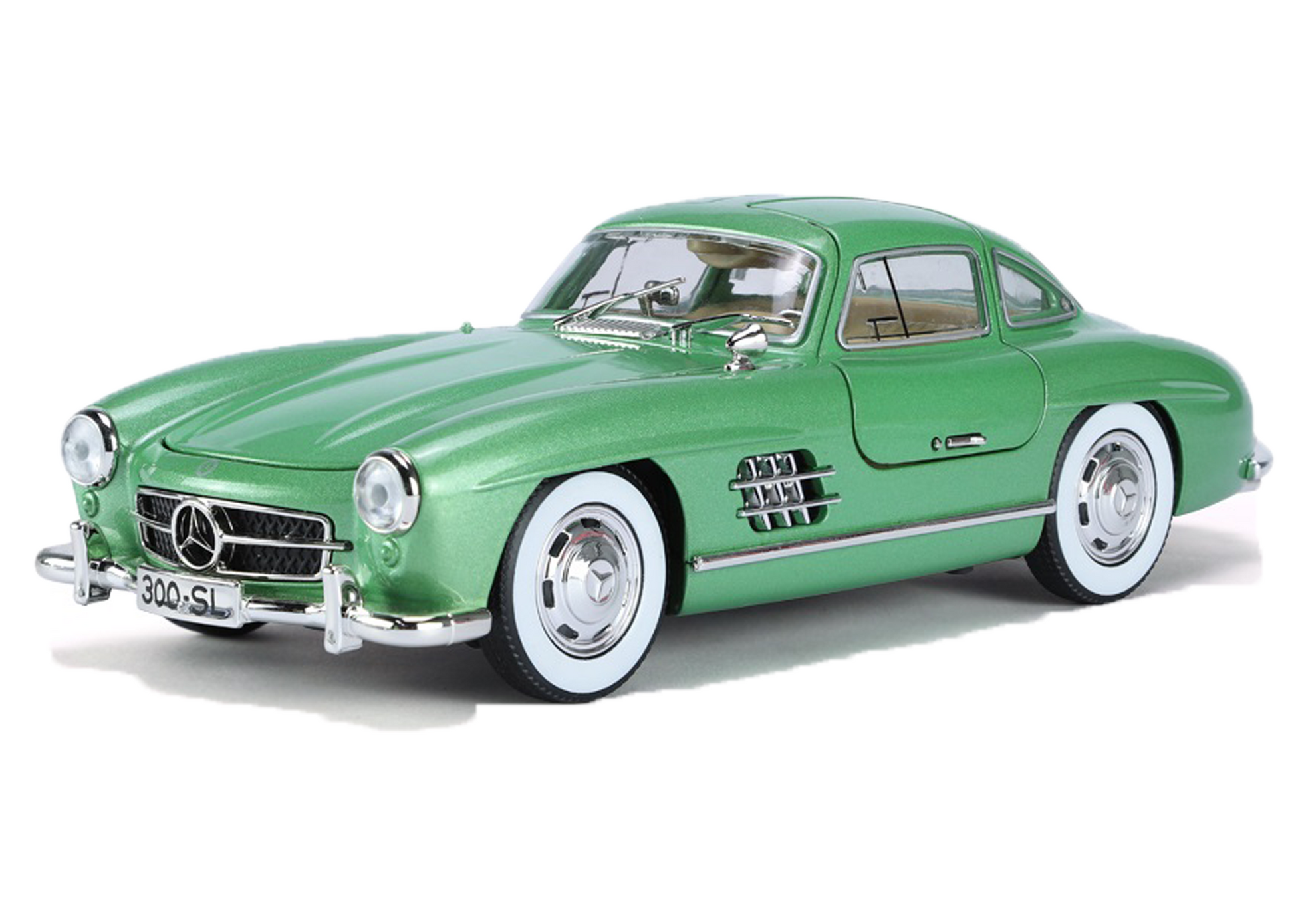 Green classic Mercedes-Benz 300 SL car model on a white background