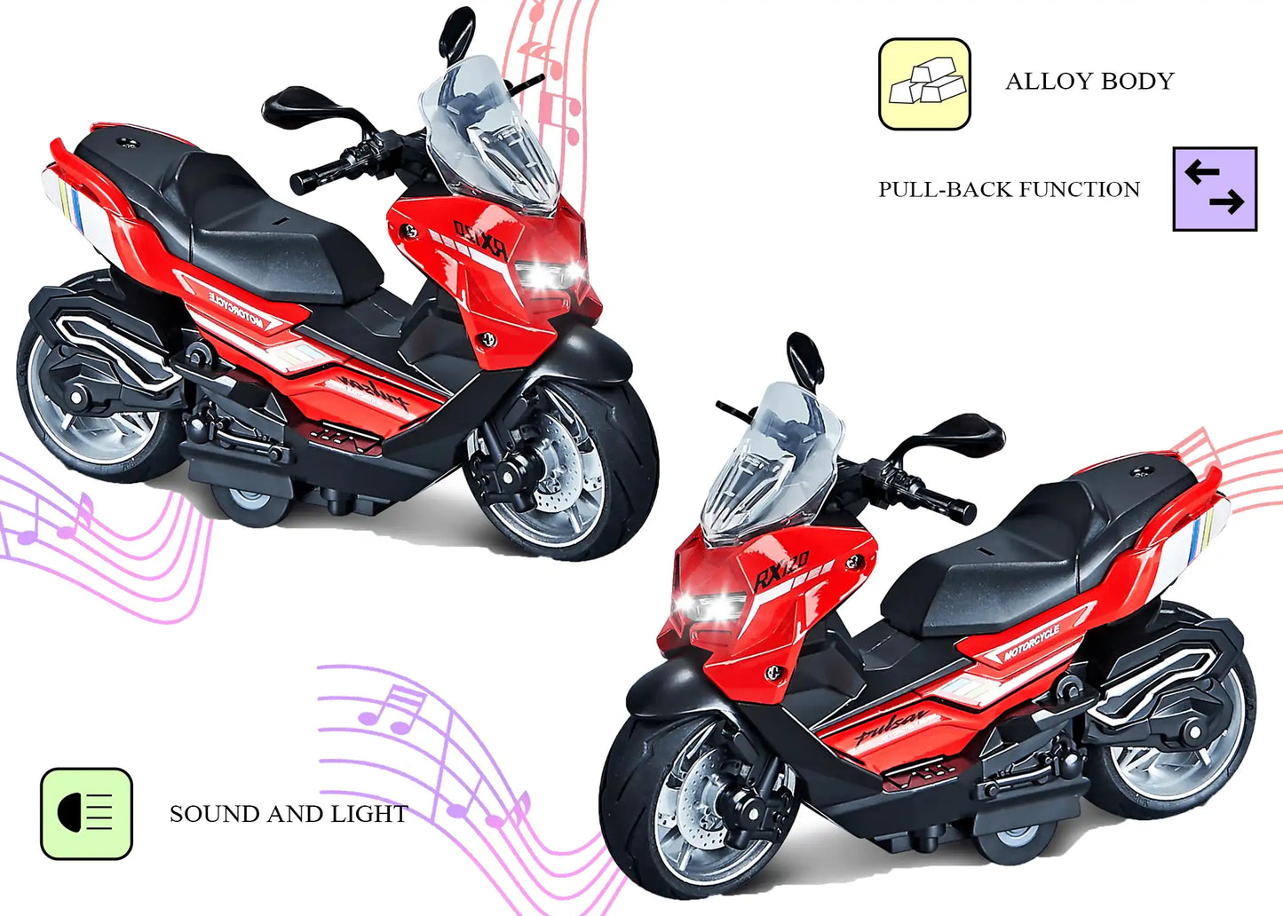 1:12 Scale Classic Scooter Toy Bike with Pull Back Action, Lights & Sound