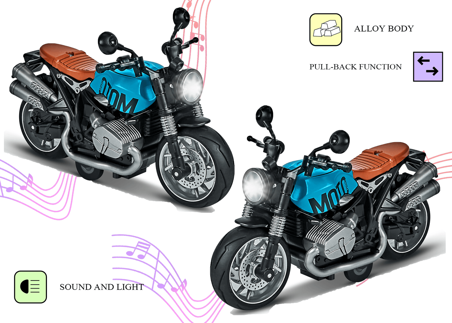 1:12 Scale Classic Motorcycle Toy with Pull Back Action, Lights & Sound